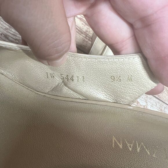 Stuart Weitzman Womens Patent Leather Peep Toe Slingback Wedges Beige Size 9.5 - Picture 8 of 12